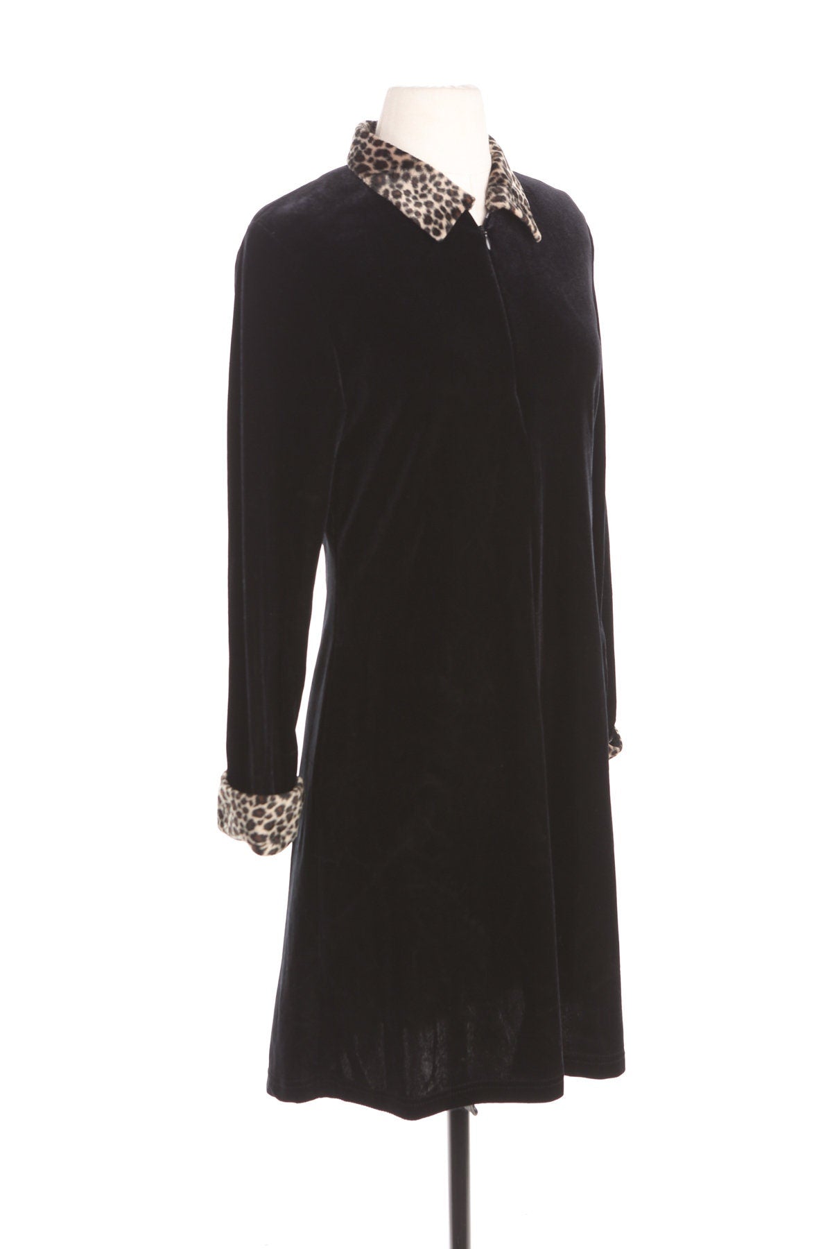 Black Velvet Dress with Leopard Print Collar and Cuffs - Era 90's - Y2K