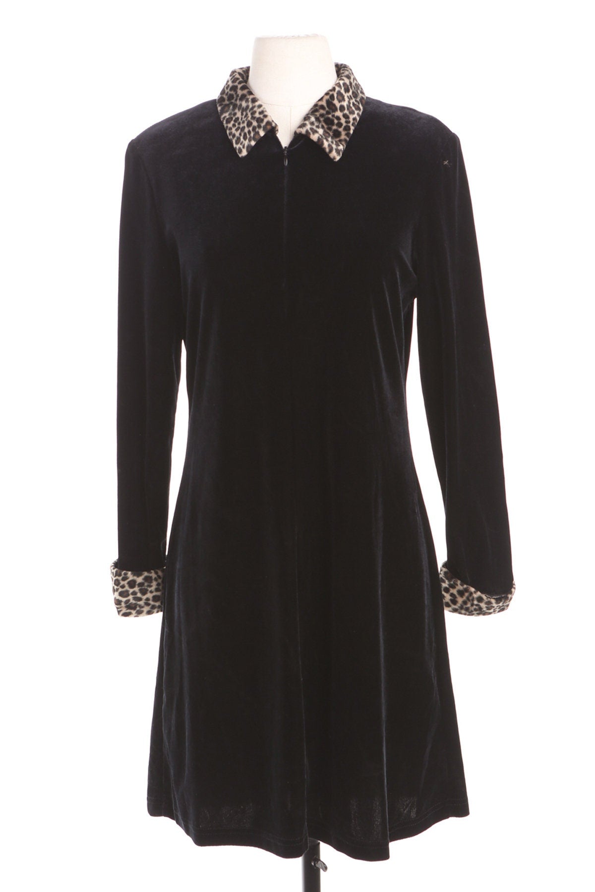 Black Velvet Dress with Leopard Print Collar and Cuffs - Era 90's - Y2K