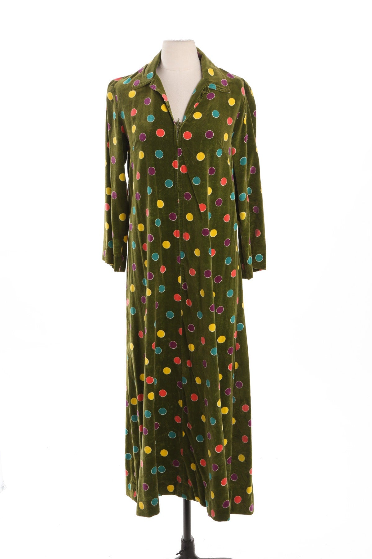 Women Green Velvet Long Dress with Colored Polkadot Print