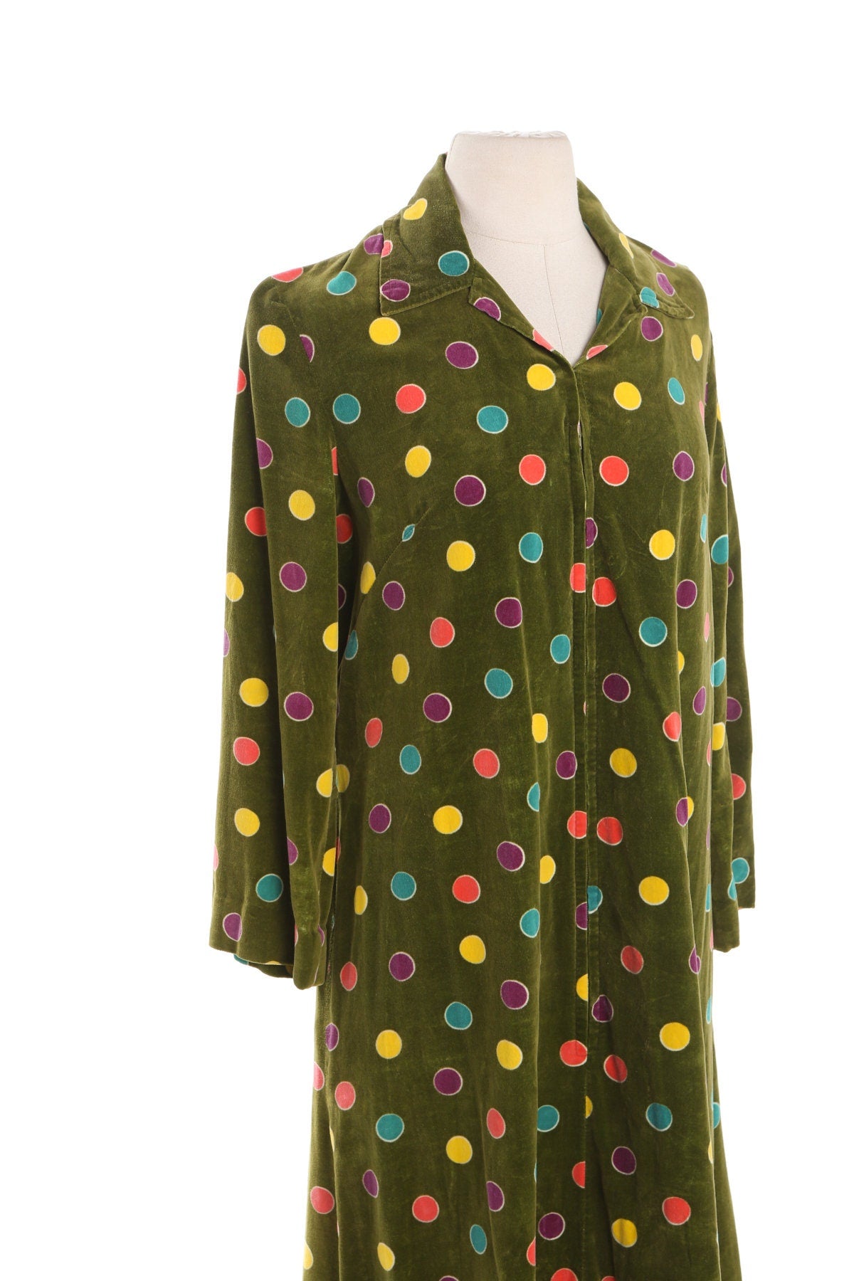 Women Green Velvet Long Dress with Colored Polkadot Print