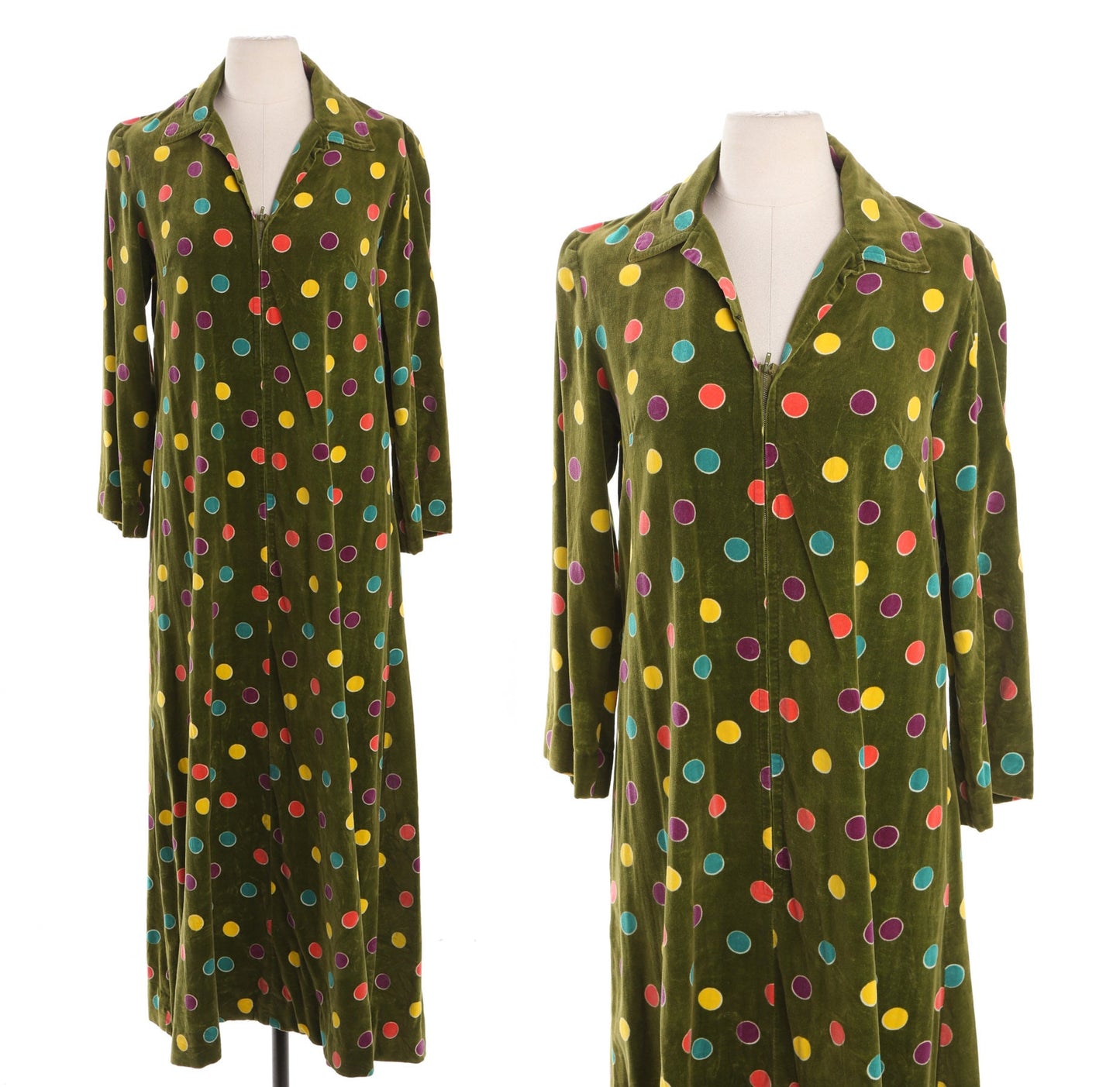 Women Green Velvet Long Dress with Colored Polkadot Print