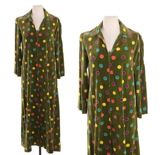 Women Green Velvet Long Dress with Colored Polkadot Print