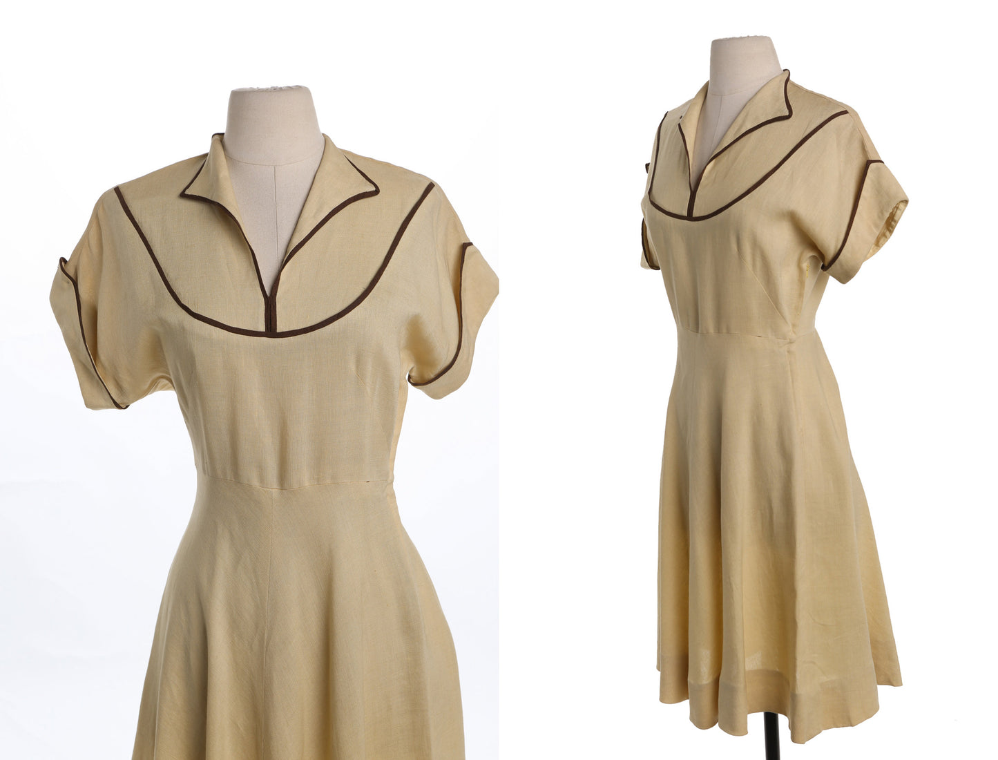 Vintage Women Yellow Casual Dress with Brown Seam Edges - Era 40's - 50's