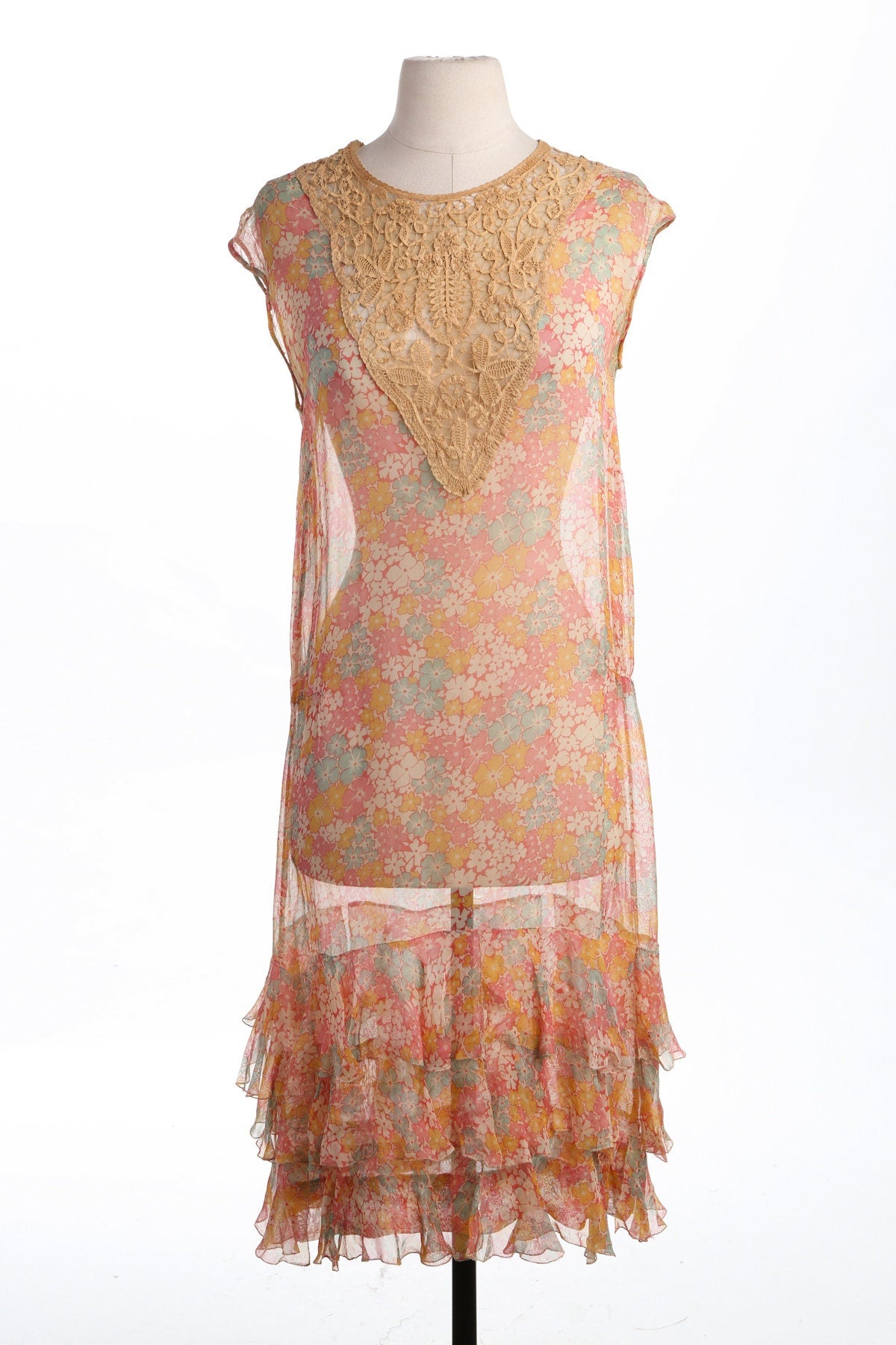 Vintage Floral Print Long Sheer Dress with Crochet Chest Details - Era 30's - 40's