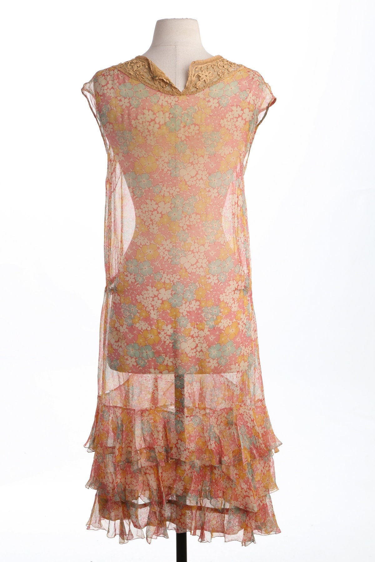 Vintage Floral Print Long Sheer Dress with Crochet Chest Details - Era 30's - 40's