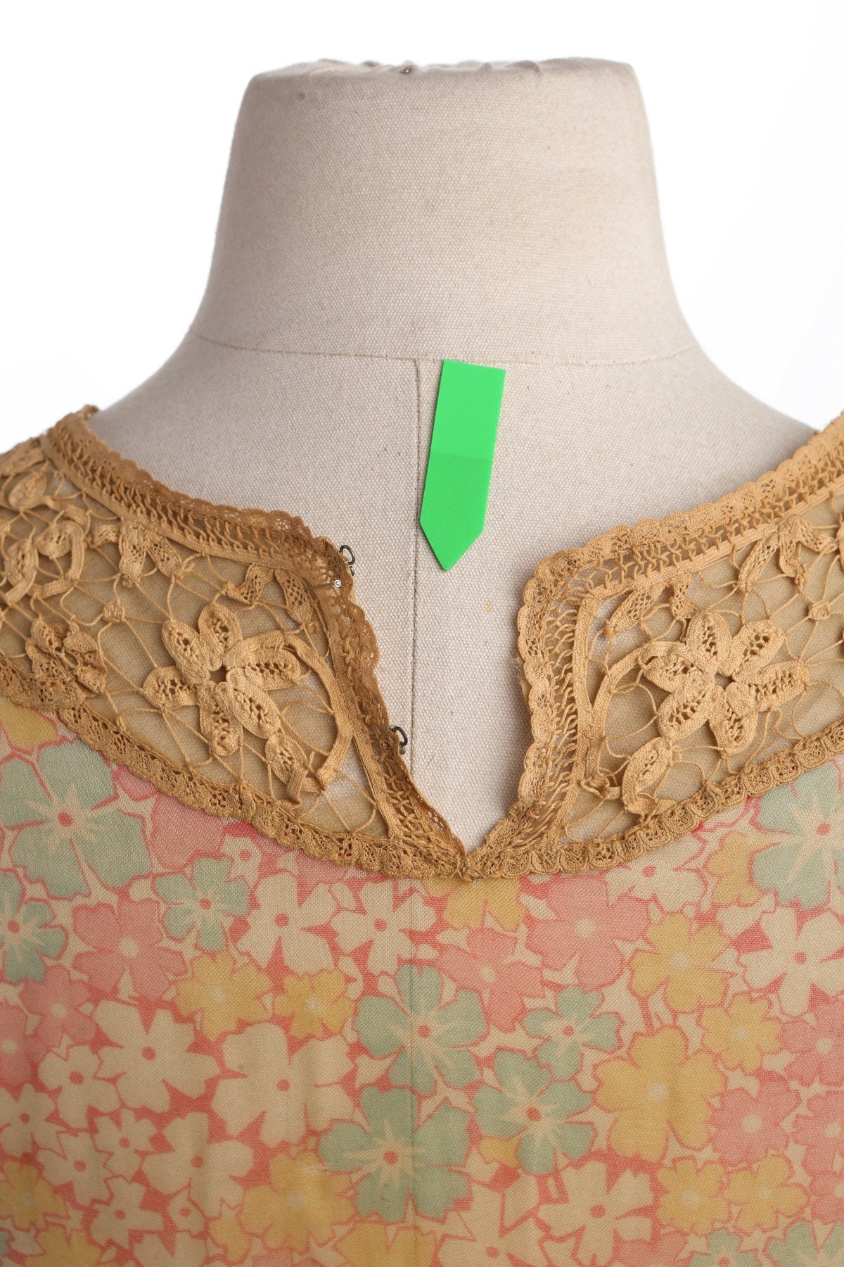 Vintage Floral Print Long Sheer Dress with Crochet Chest Details - Era 30's - 40's