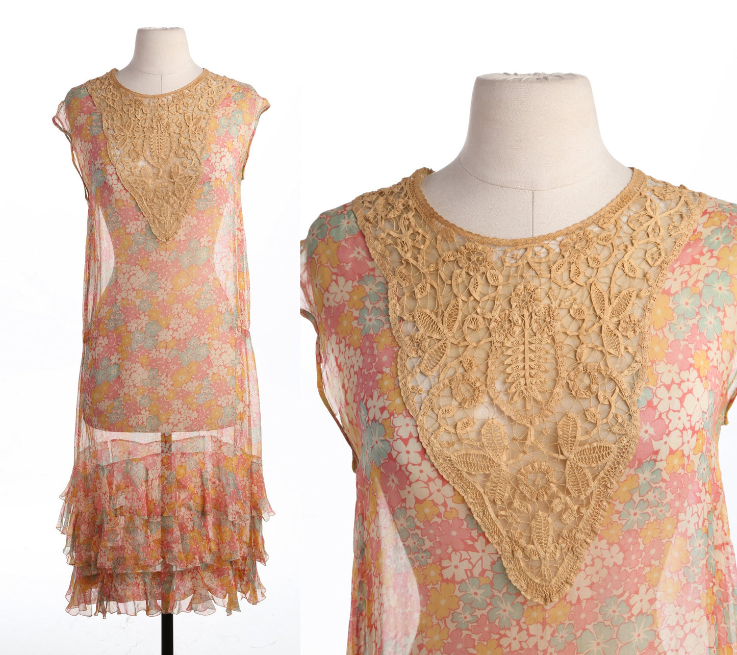 Vintage Floral Print Long Sheer Dress with Crochet Chest Details - Era 30's - 40's