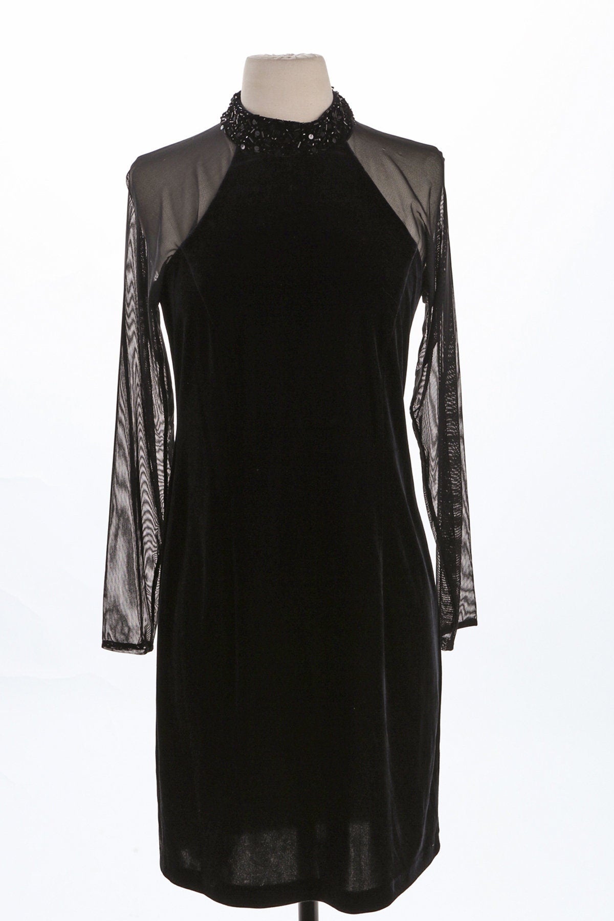Women Black Velvet Casual Dress with Long Sheer Sleeves