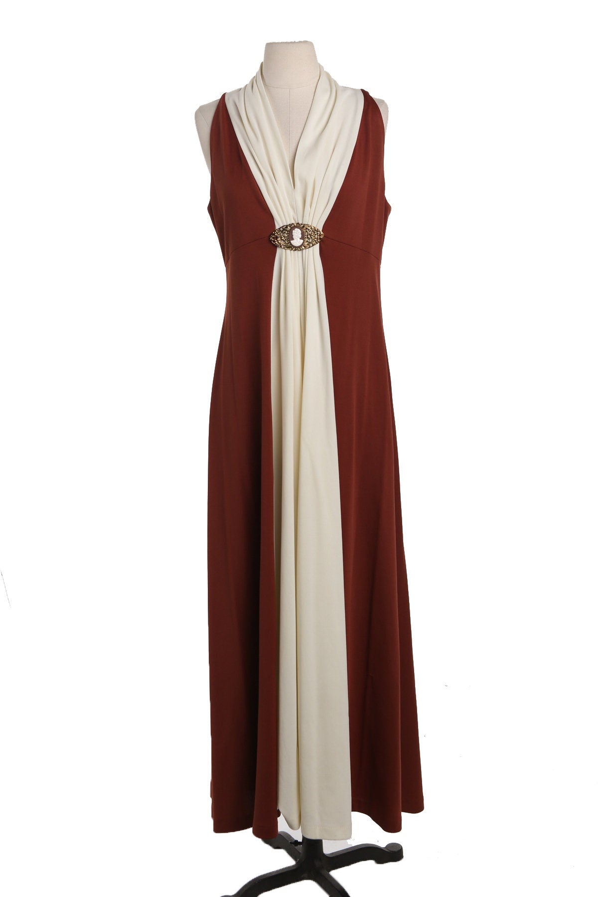 70's Women Long Brown Poly Casual Dress
