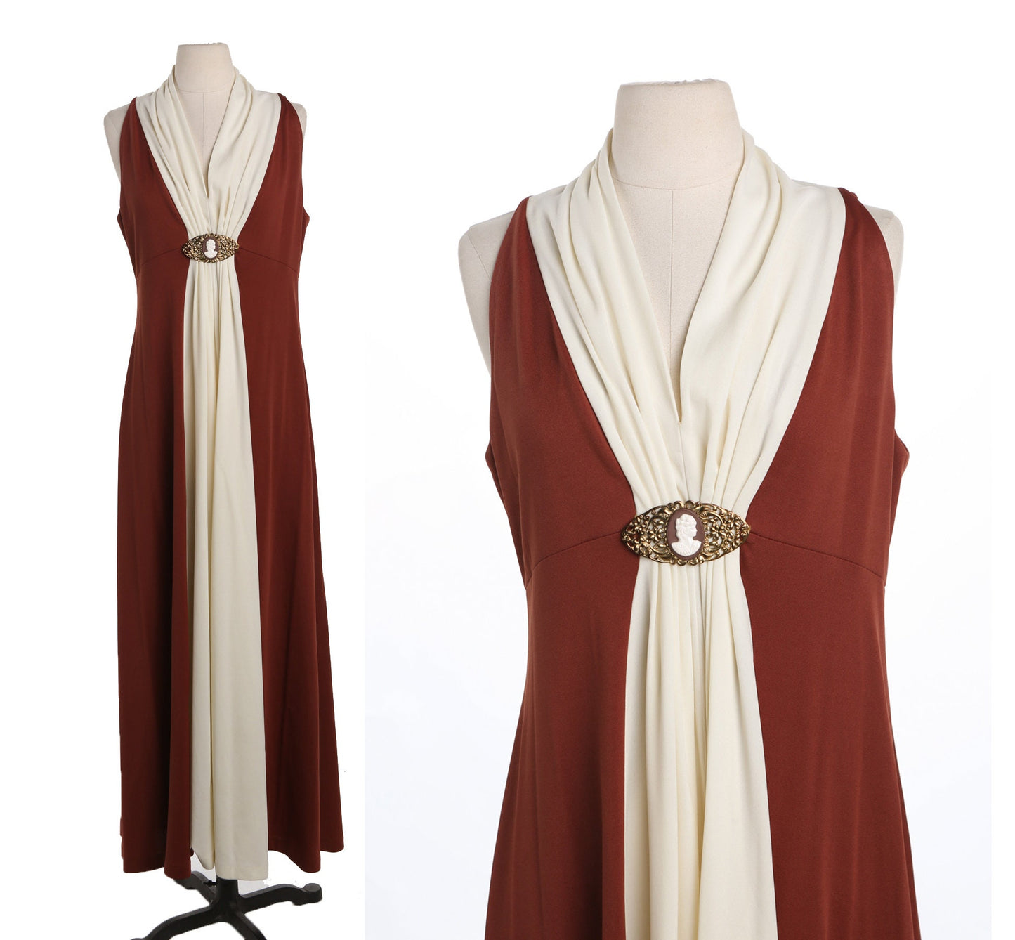 70's Women Long Brown Poly Casual Dress