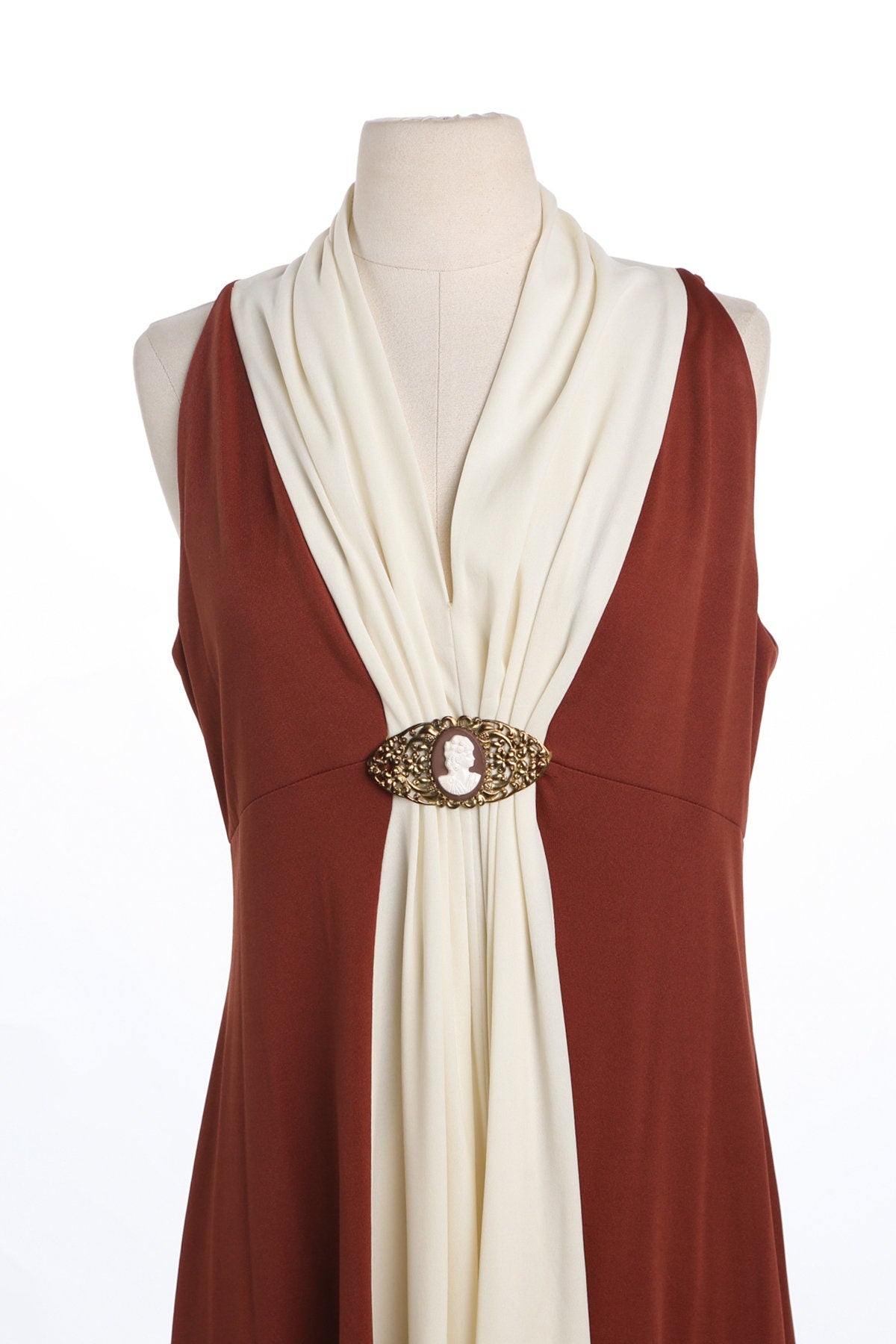 70's Women Long Brown Poly Casual Dress