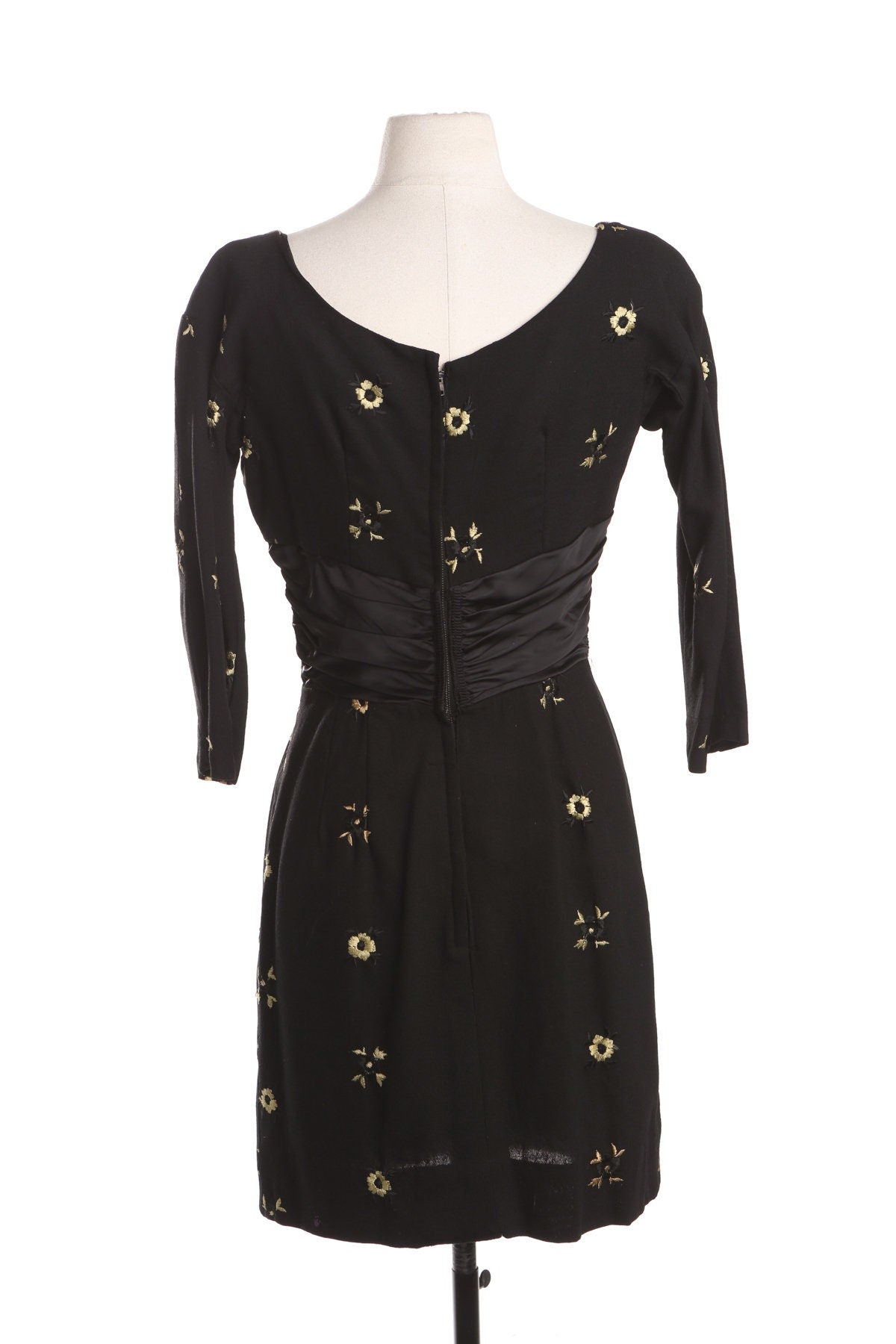 50's Women Black Evening Dress with Yellow Flower Embroidered Details