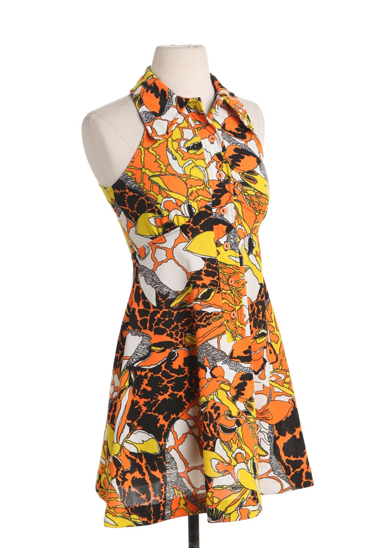 70's Women Summer Poly Dress - Abstract Yellow and Orange Print