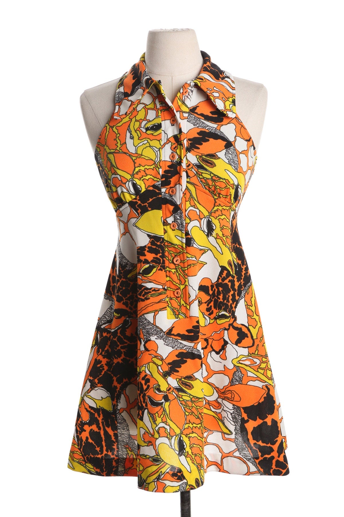 70's Women Summer Poly Dress - Abstract Yellow and Orange Print