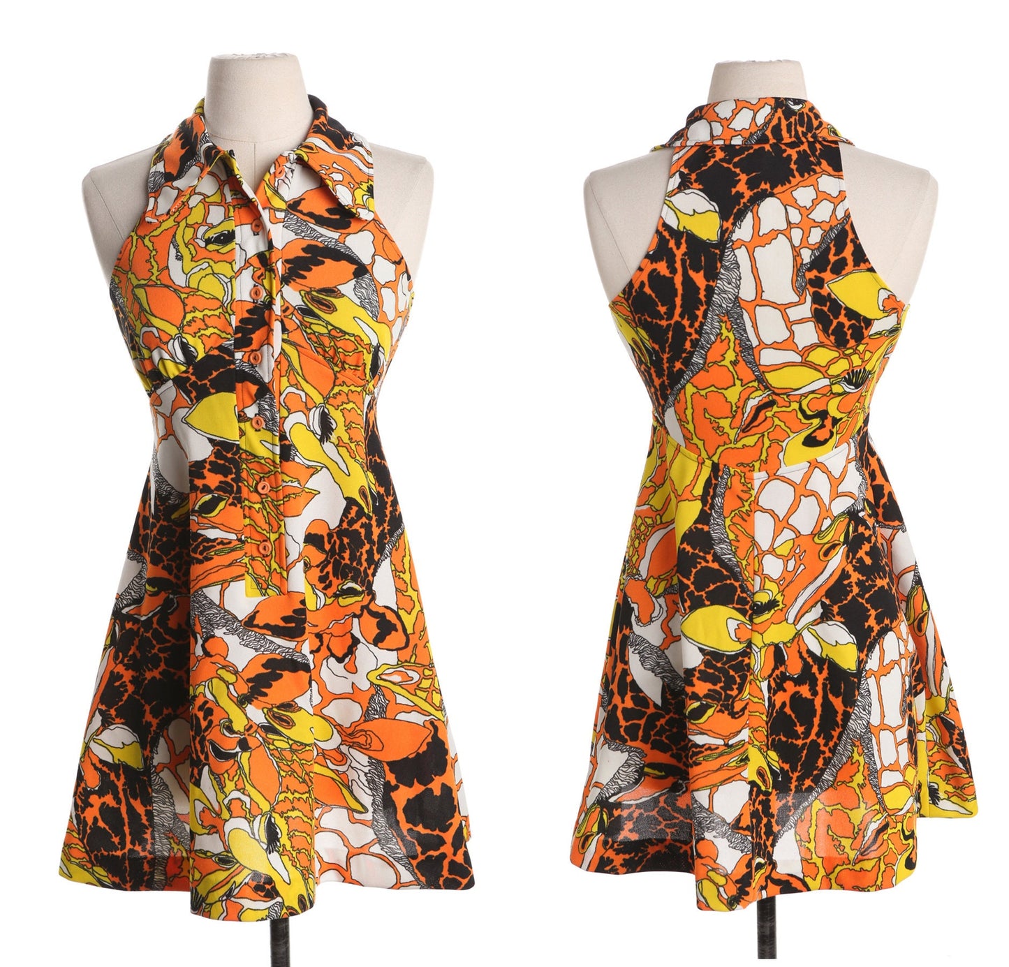 70's Women Summer Poly Dress - Abstract Yellow and Orange Print