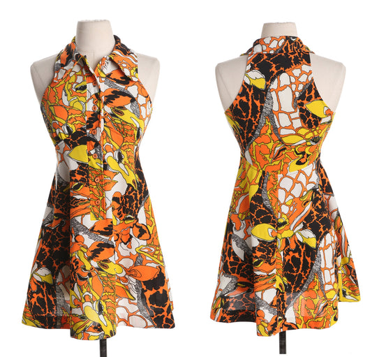 70's Women Summer Poly Dress - Abstract Yellow and Orange Print