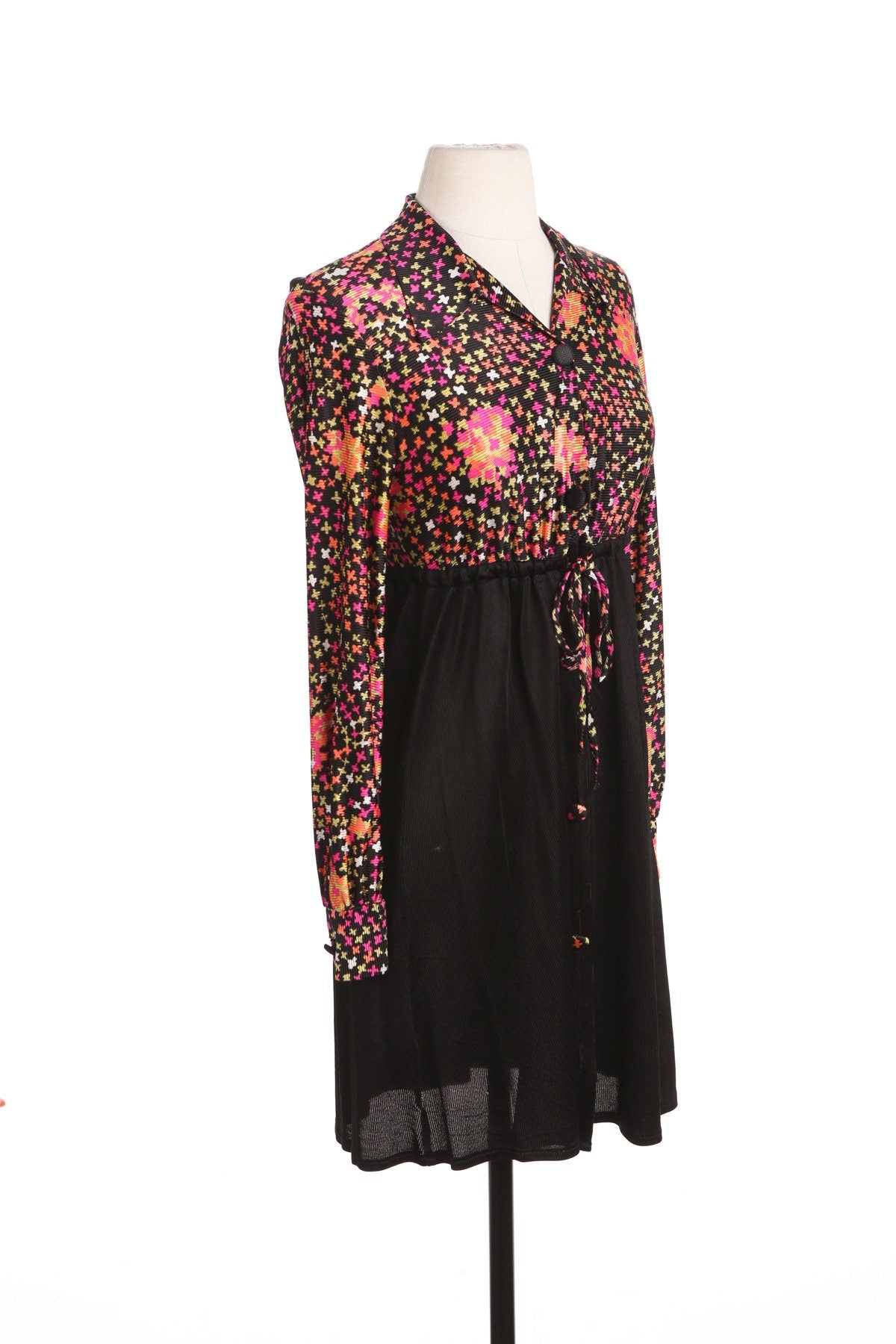 70's Back Poly Slip Dress with Waist Adjusting Strap Belt - Geometric Long Sleeve Top