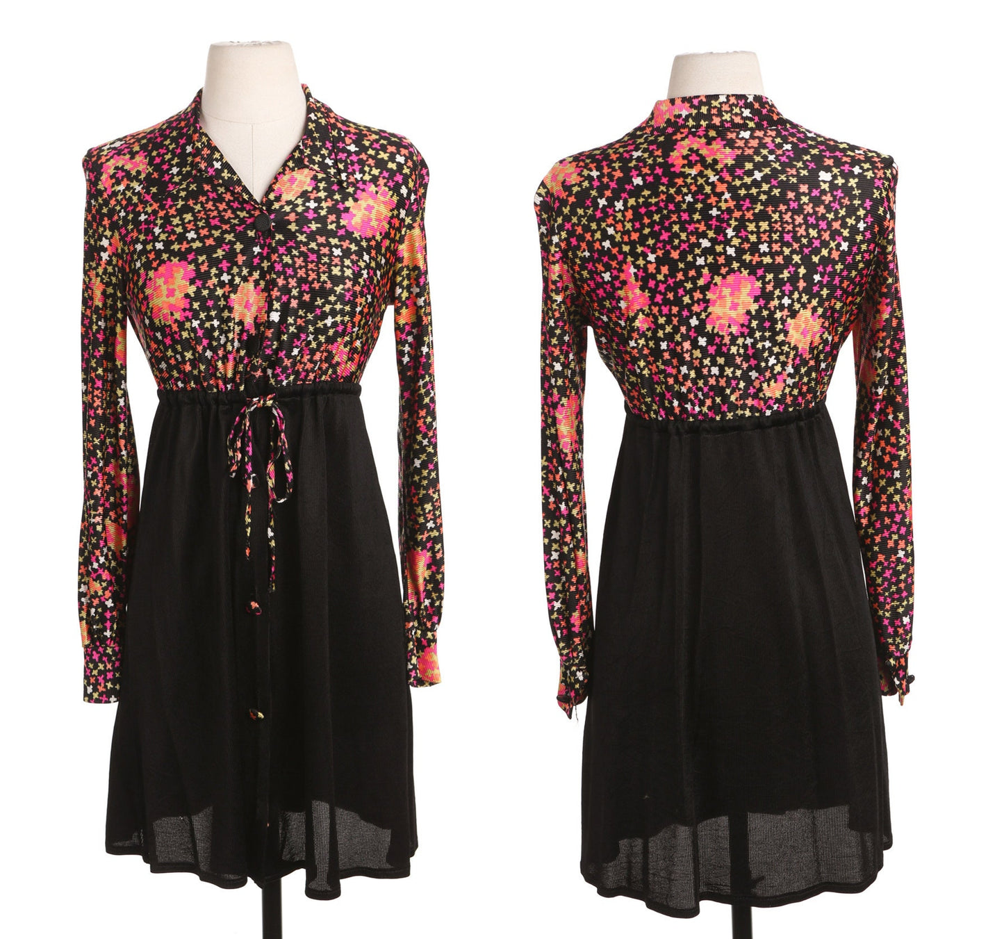 70's Back Poly Slip Dress with Waist Adjusting Strap Belt - Geometric Long Sleeve Top