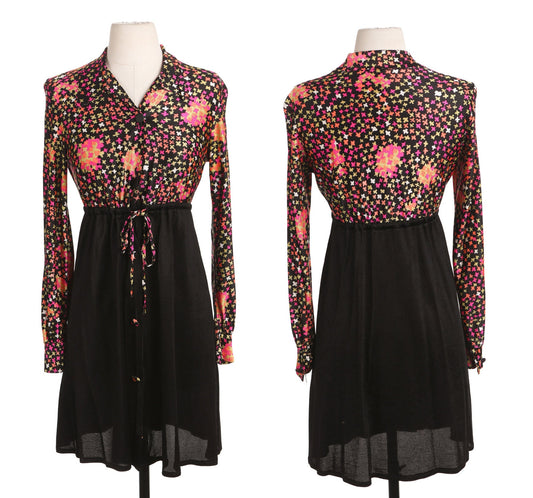 70's Back Poly Slip Dress with Waist Adjusting Strap Belt - Geometric Long Sleeve Top