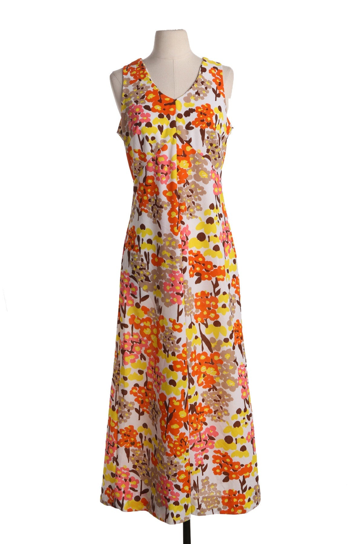 70's Long Floral Print White Summer Poly Dress