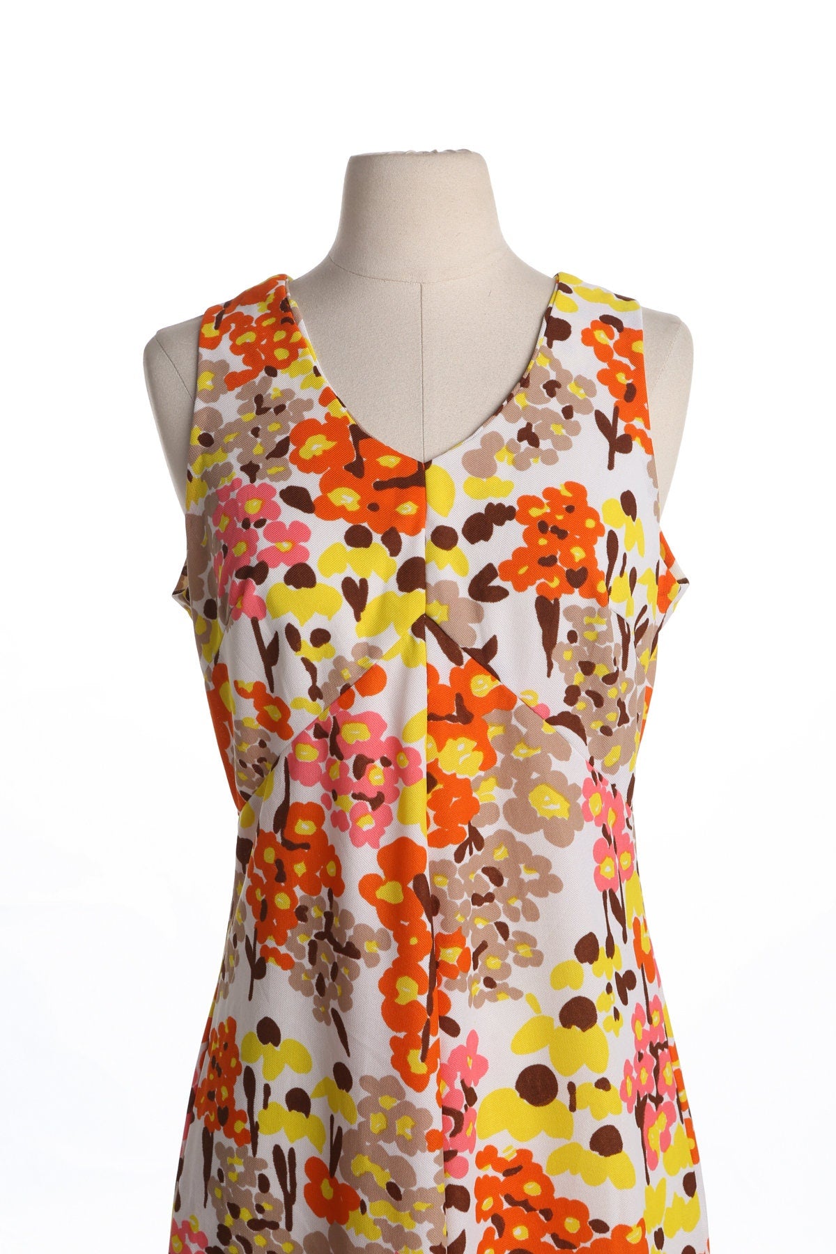 70's Long Floral Print White Summer Poly Dress