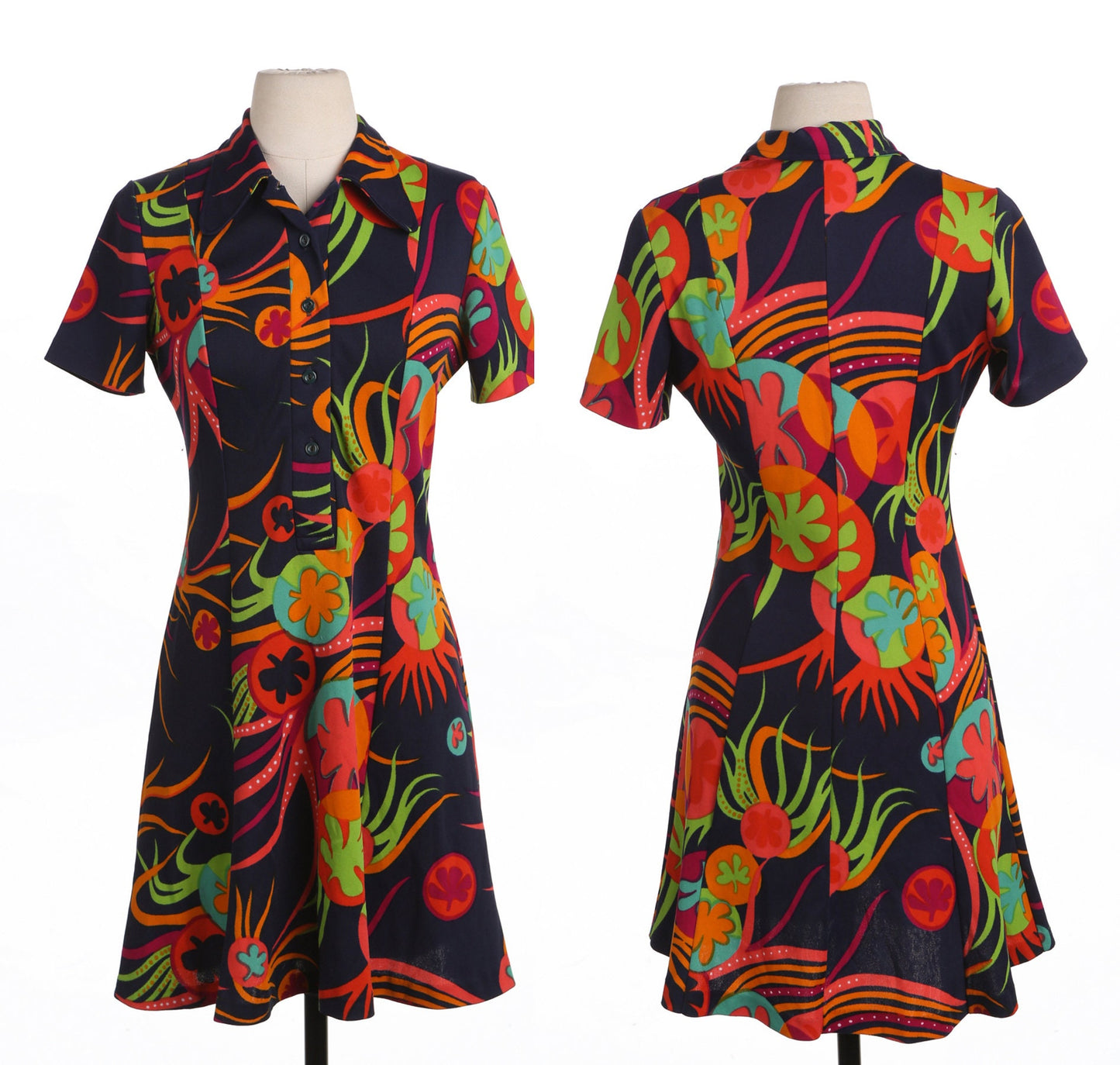 70's Women Floral Print Blue Mod Slip Dress