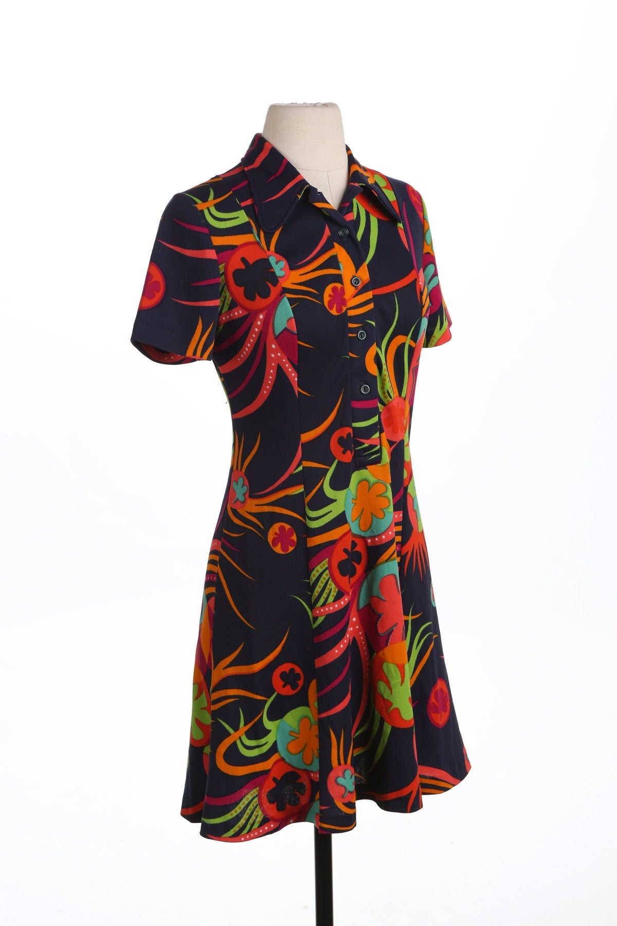 70's Women Floral Print Blue Mod Slip Dress