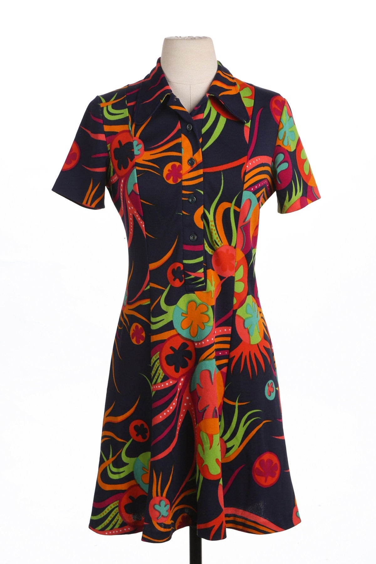 70's Women Floral Print Blue Mod Slip Dress