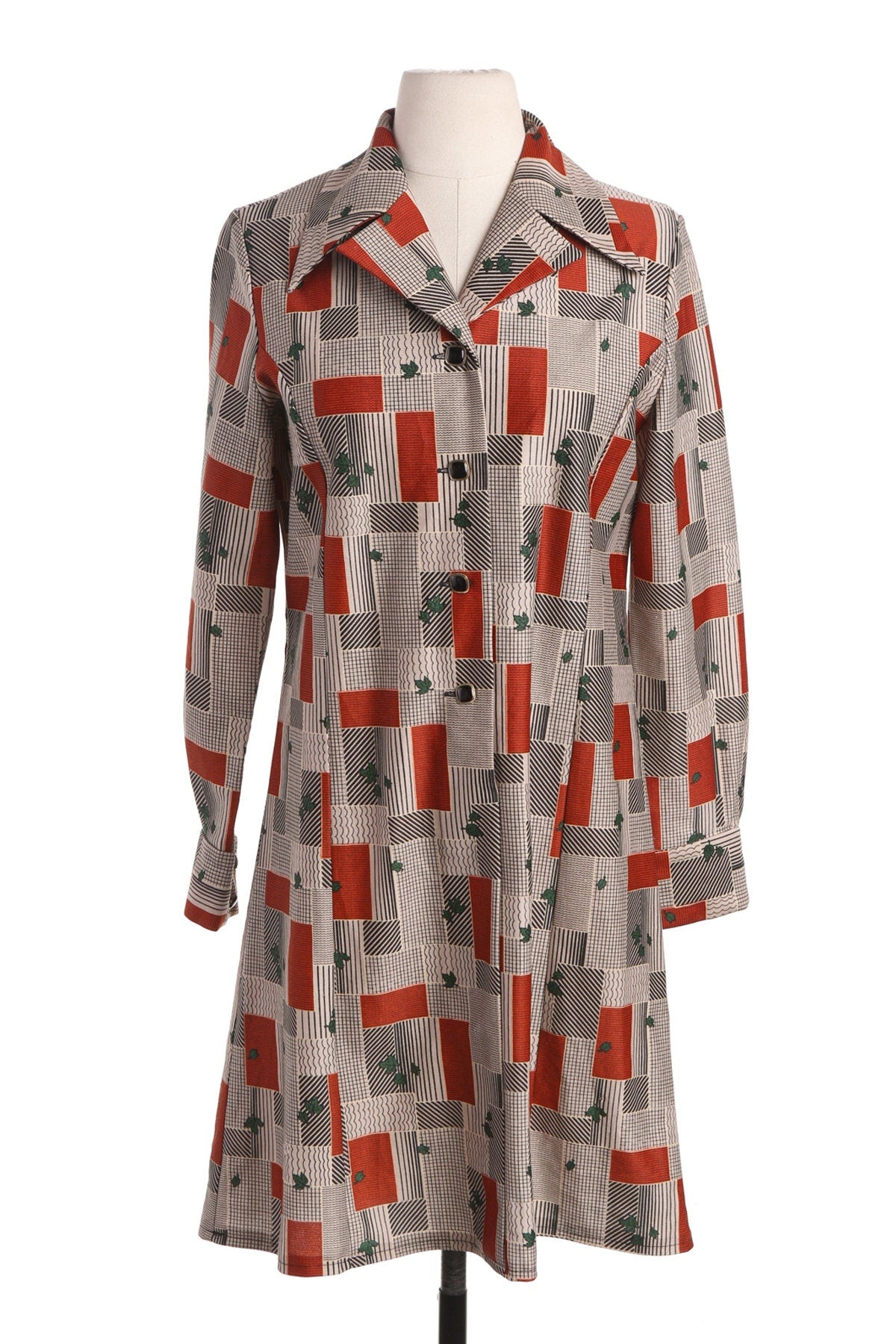 70's Long Sleeve Poly Dress - Geometric Brown Print