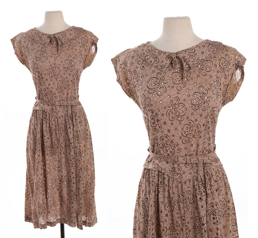 50's Women Brown Casual / Summer Dress with Holes Detail on Fabric