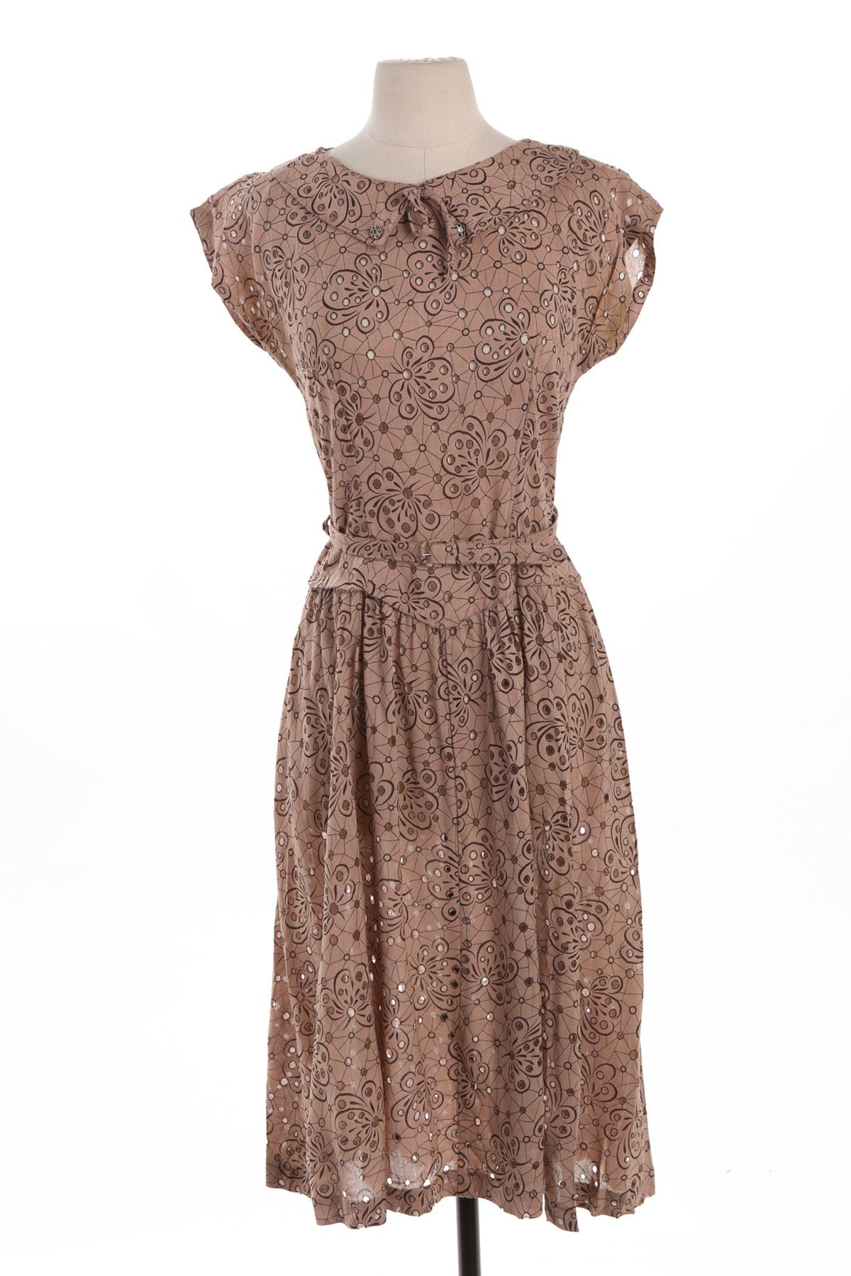 50's Women Brown Casual / Summer Dress with Holes Detail on Fabric