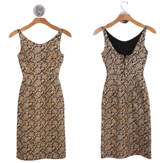 Vintage Women Metallic Golden Floral Embroidered Evening Dress