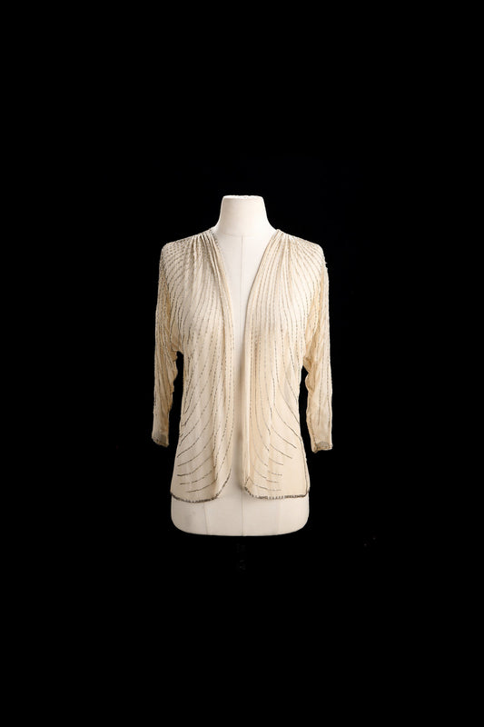 Vintage Women Beige Sequin Open Blouse with Silver Beads by Sister Max