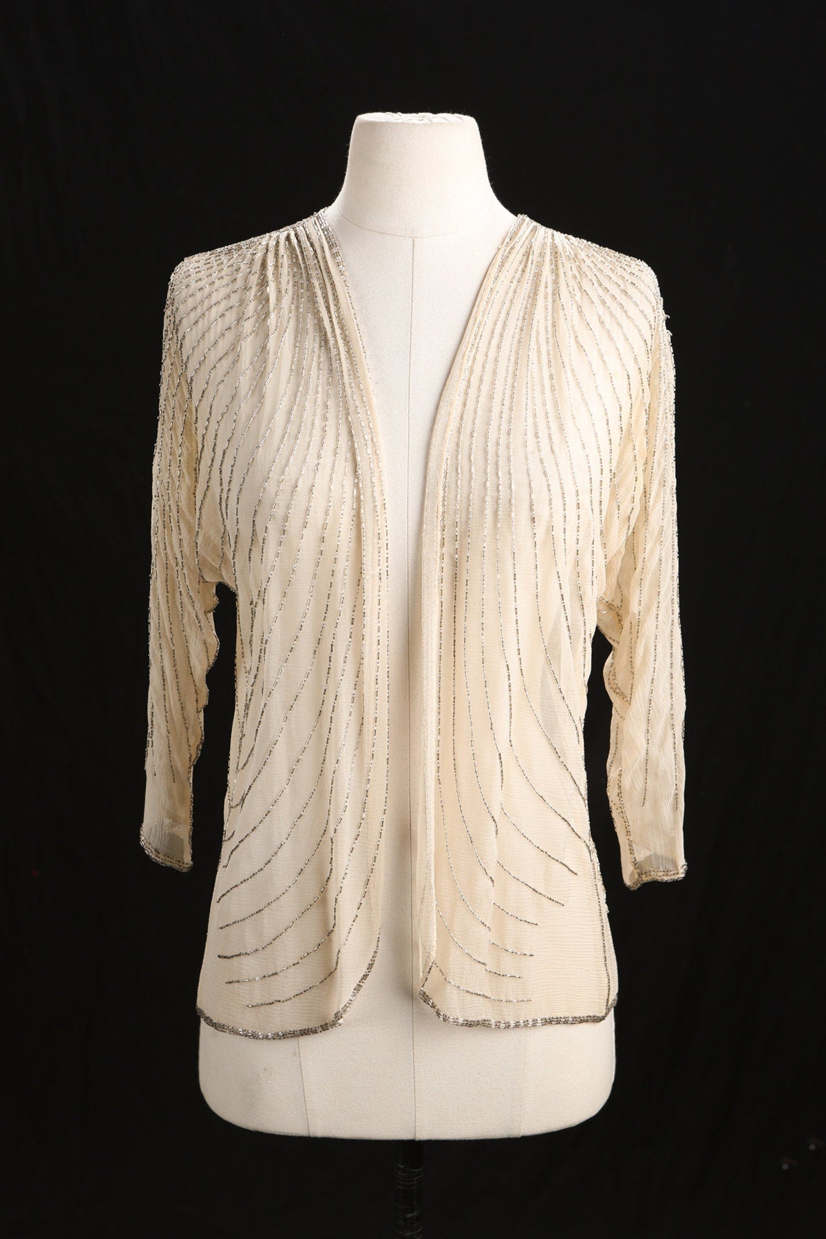Vintage Women Beige Sequin Open Blouse with Silver Beads by Sister Max