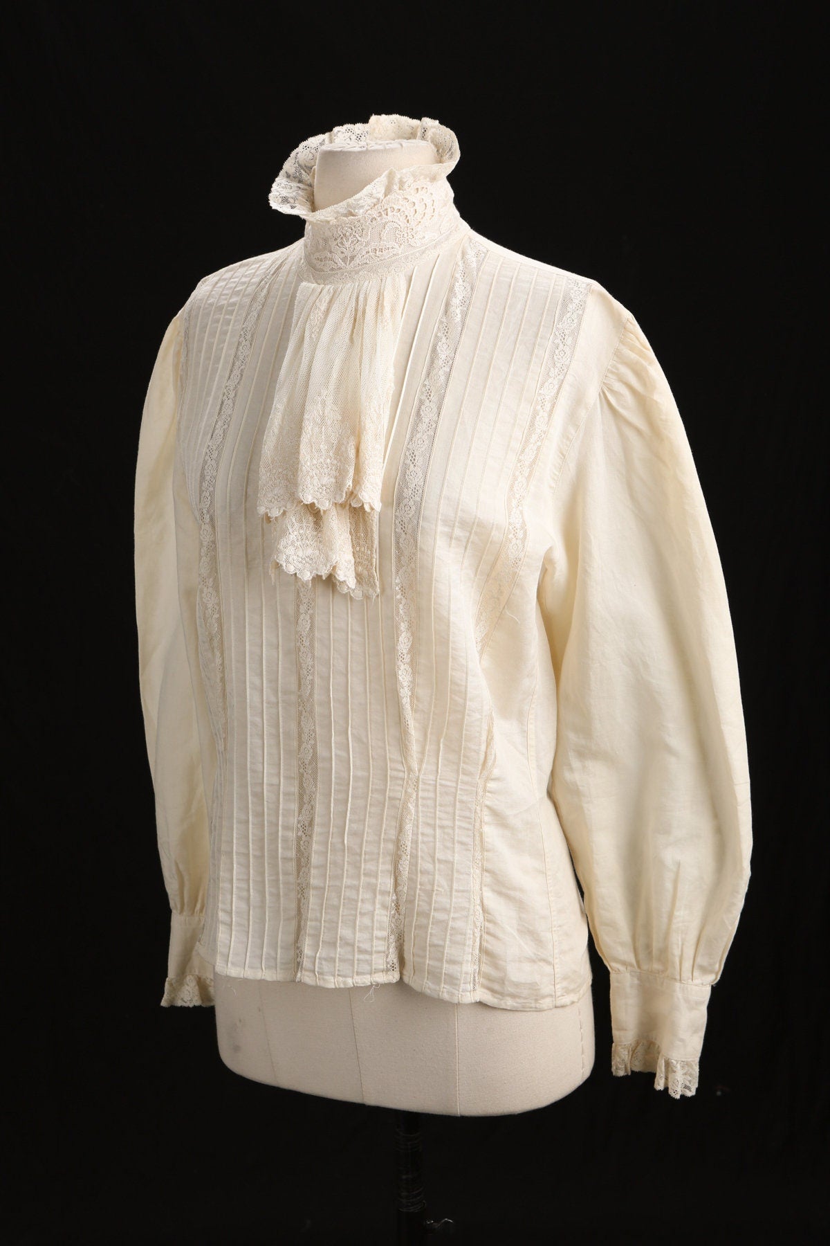 Victorian Style Turtleneck Beige Lace Blouse with Front Collar Bow Detail
