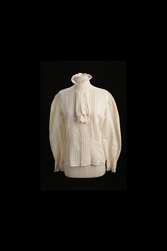 Victorian Style Turtleneck Beige Lace Blouse with Front Collar Bow Detail