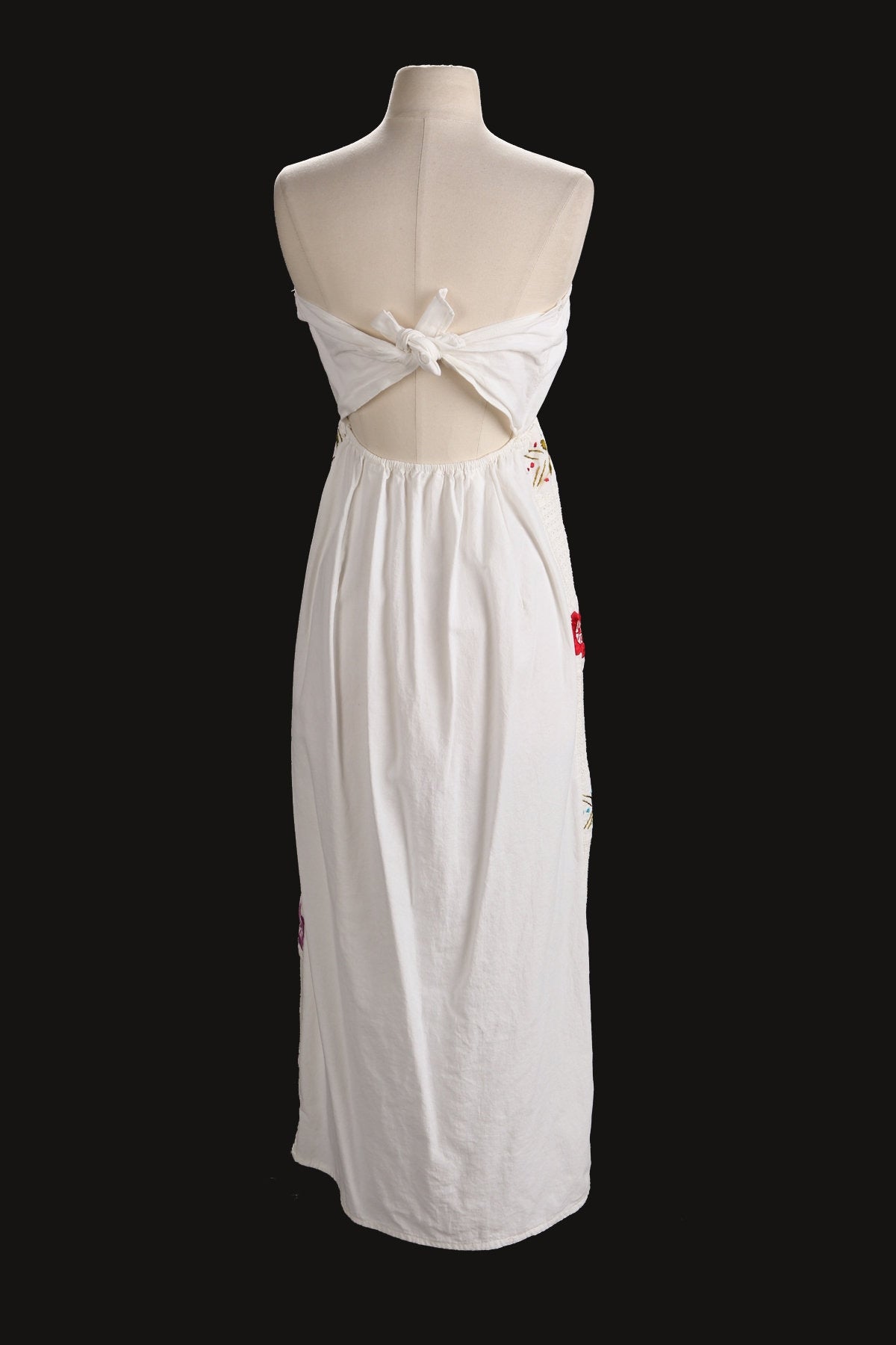 Women Strapless Embroidered Dress - Flower Embroidery - Back Tie Closure