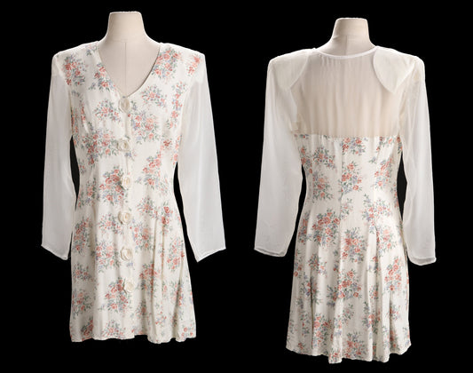 90's Women Floral Print Summer Dress with White Sheer Back and Front Rose Buttons