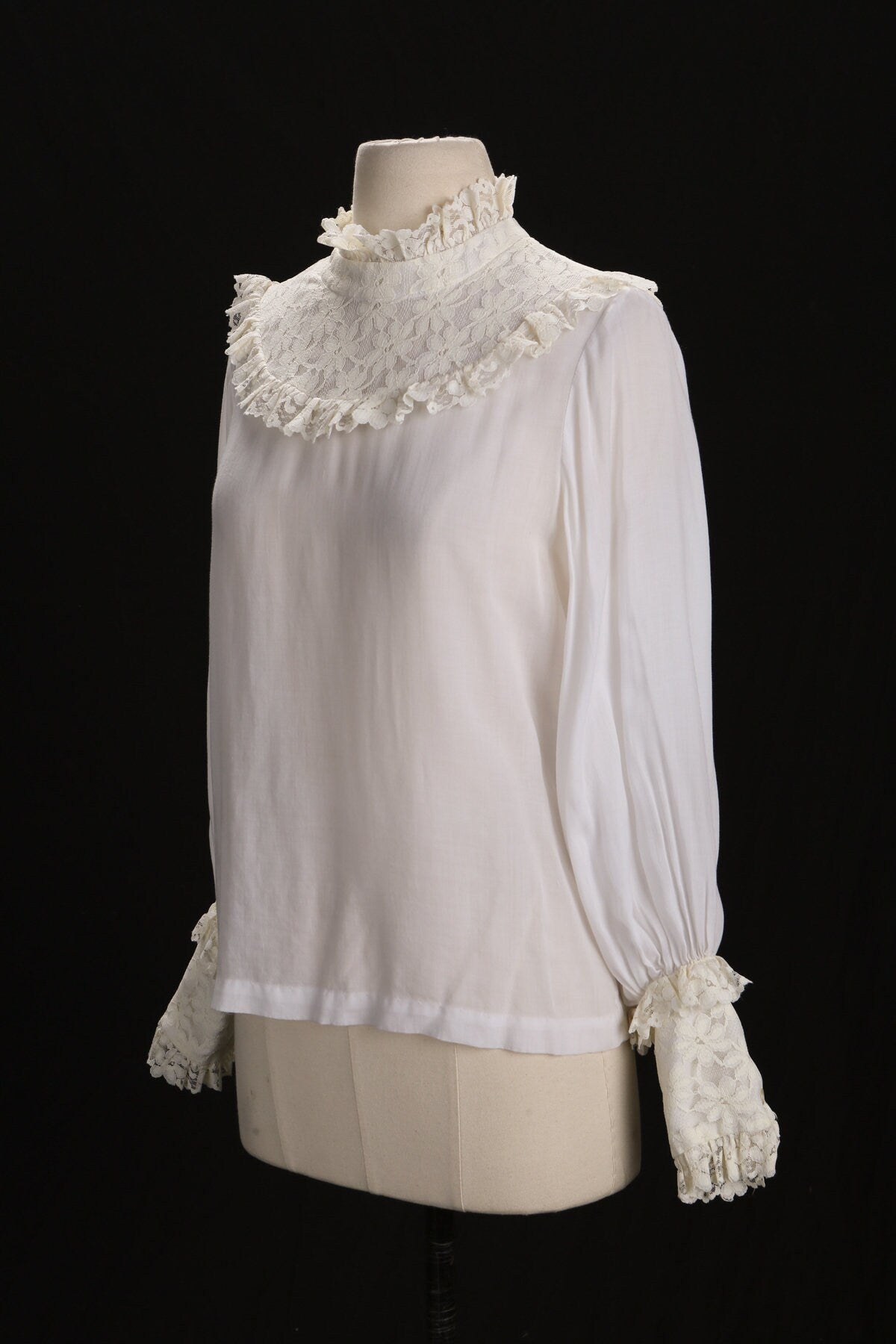 Vintage White Blouse with Lace Collar and Sleeves