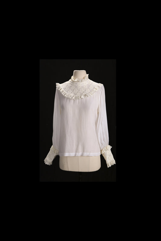 Vintage White Blouse with Lace Collar and Sleeves