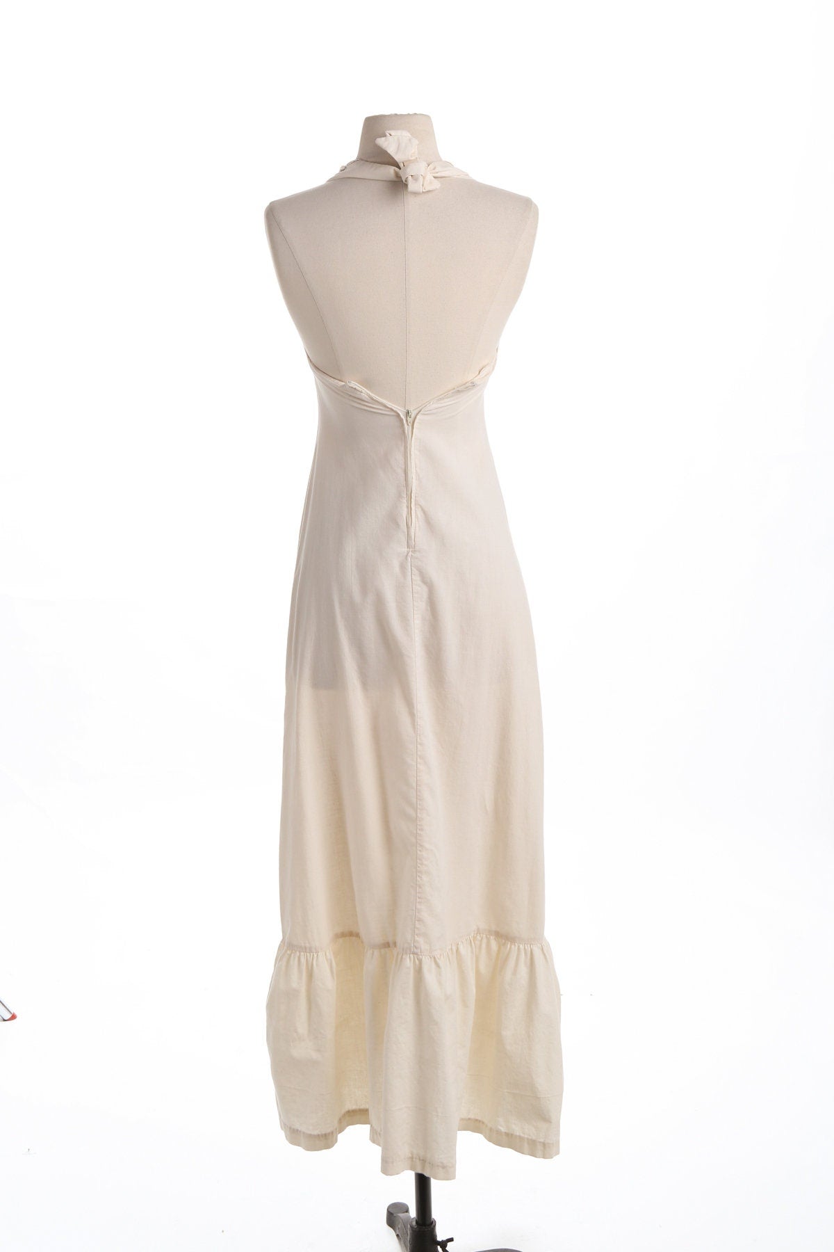 70's Long Beige Summer Dress with Patchwork Print Lace Details
