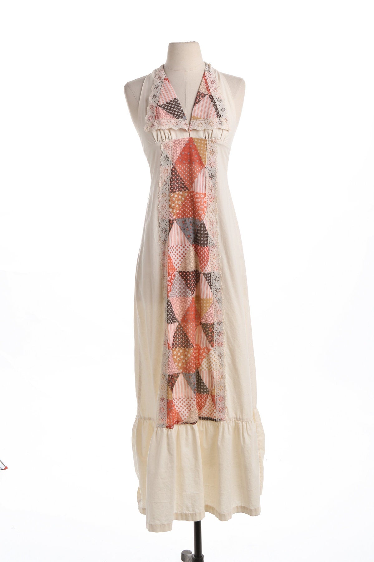 70's Long Beige Summer Dress with Patchwork Print Lace Details
