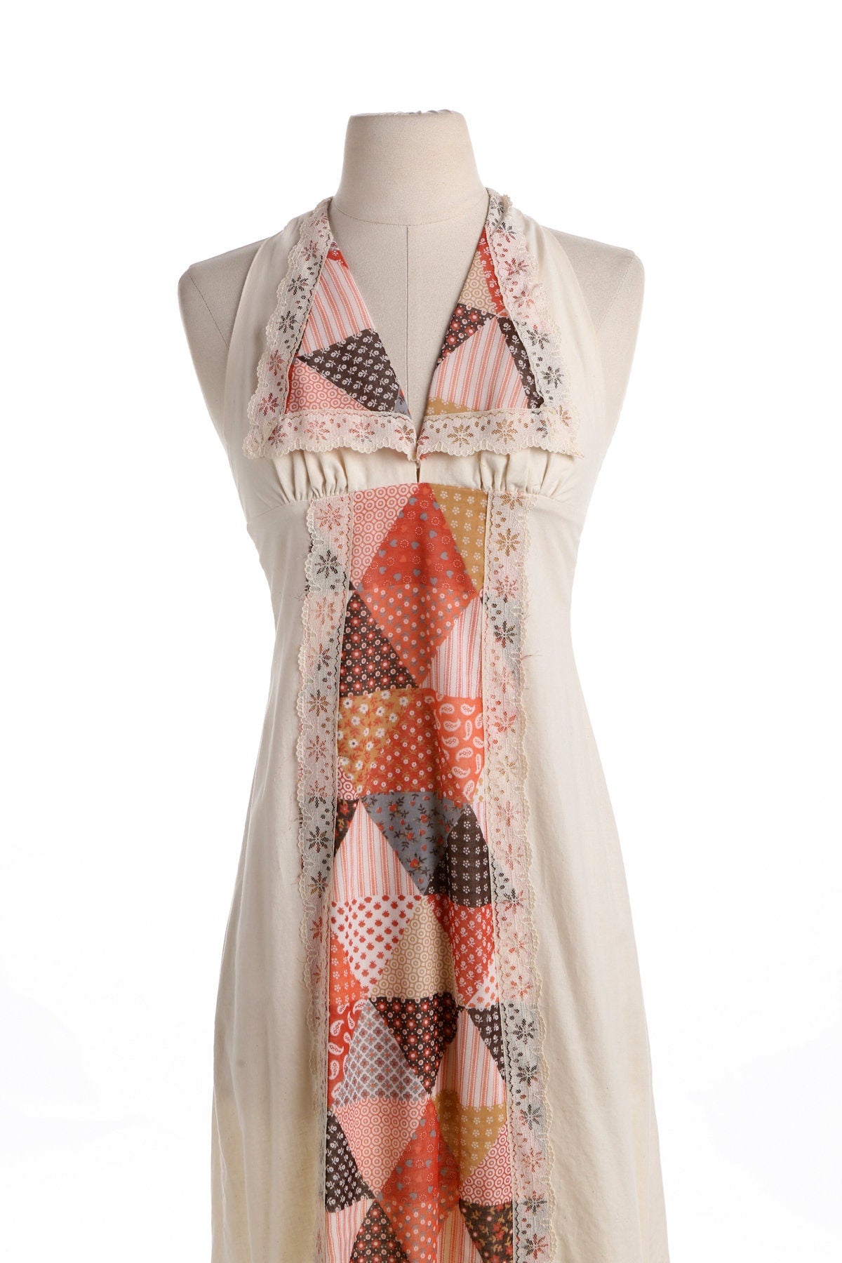 70's Long Beige Summer Dress with Patchwork Print Lace Details