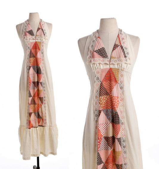 70's Long Beige Summer Dress with Patchwork Print Lace Details