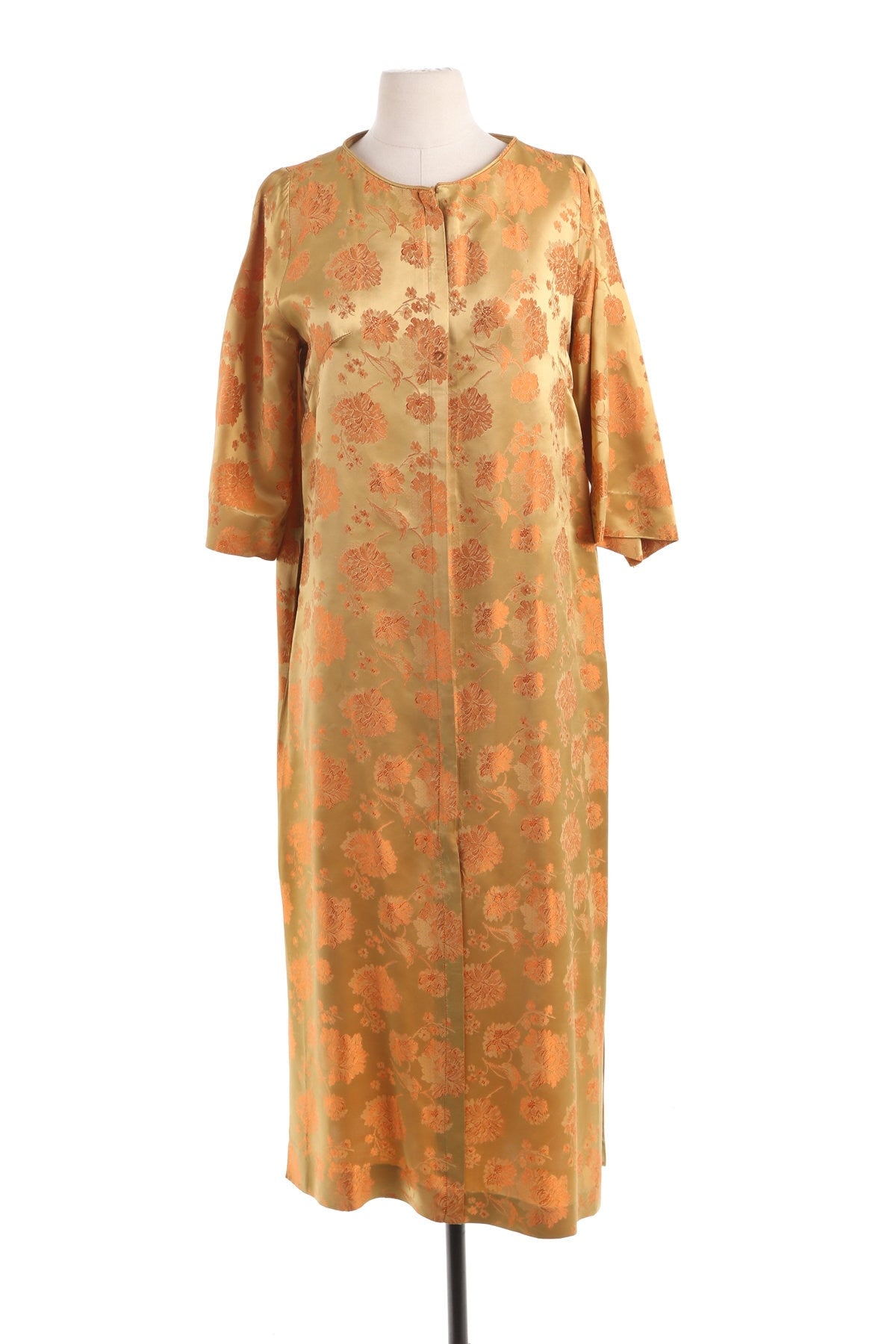 Vintage Golden Brocade Red Floral Print Evening Dress