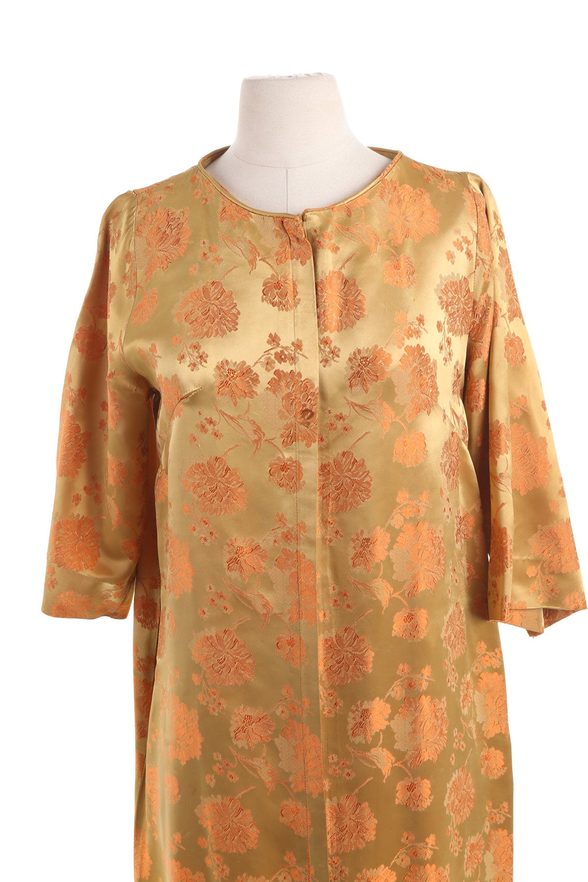 Vintage Golden Brocade Red Floral Print Evening Dress