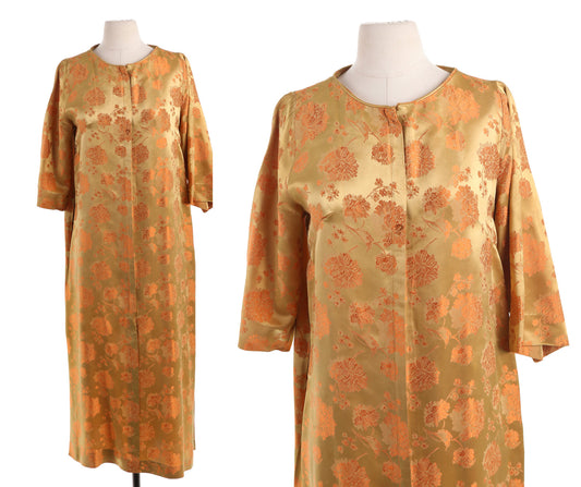 Vintage Golden Brocade Red Floral Print Evening Dress