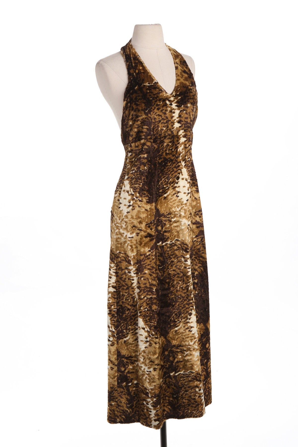 Vintage Long Animal Print Halter Strap Faux Fur Dress