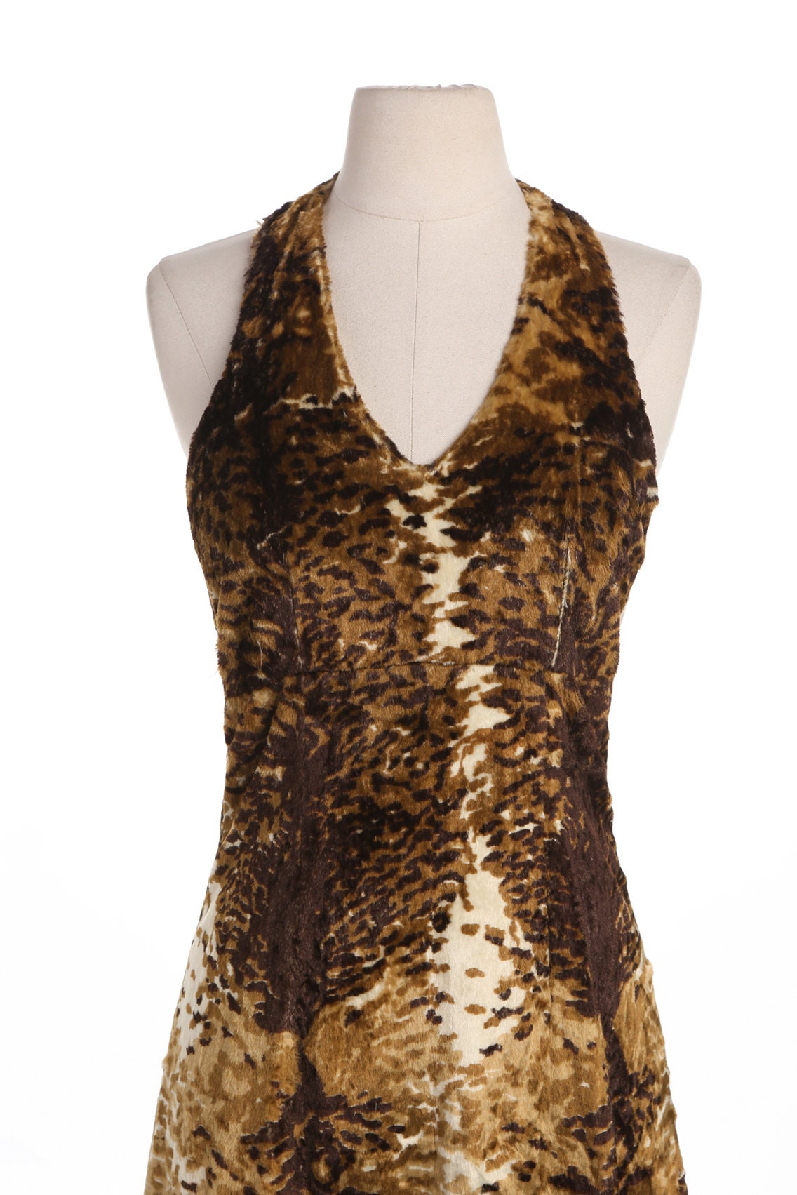 Vintage Long Animal Print Halter Strap Faux Fur Dress