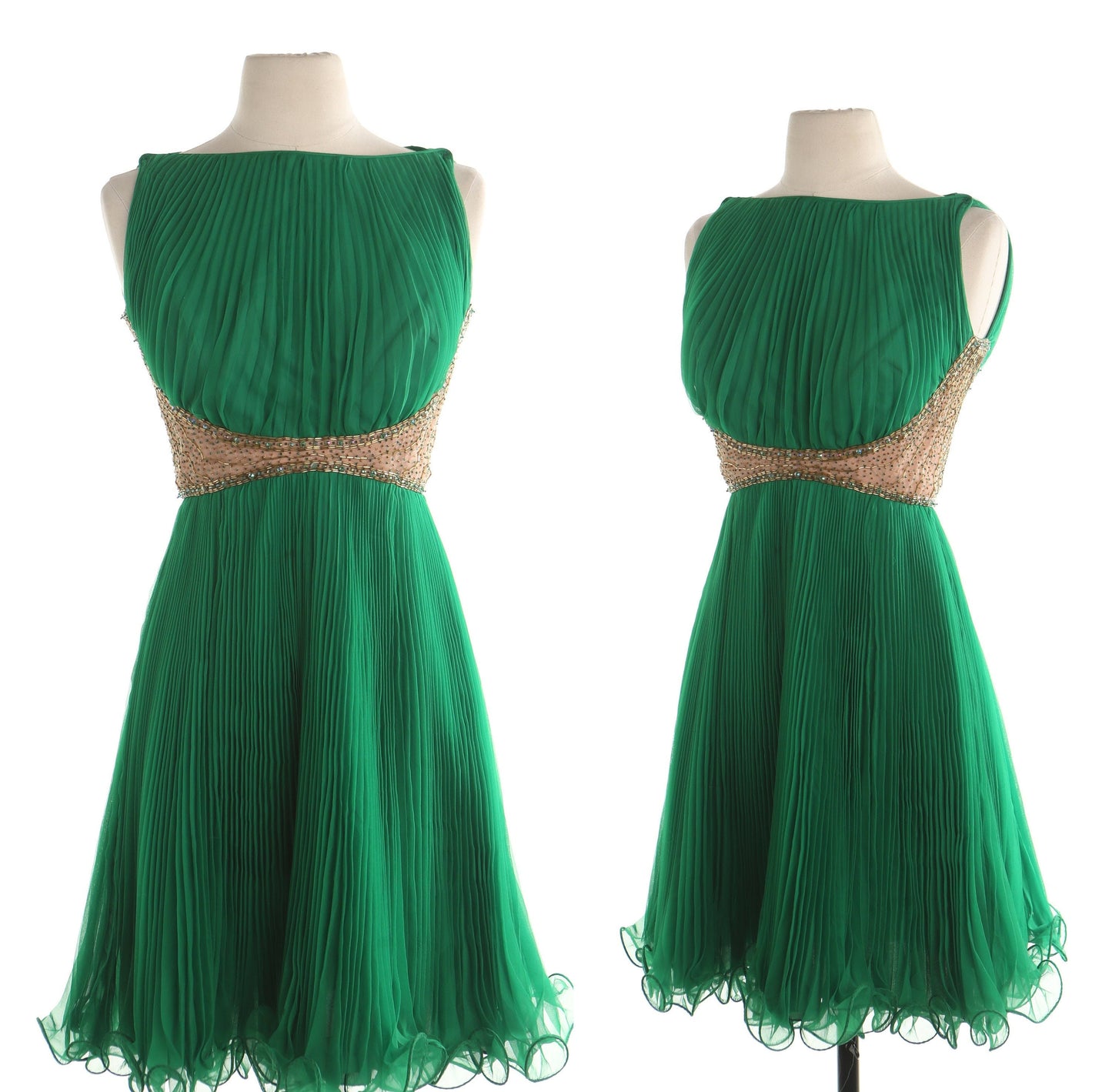 Vintage 70's evening dress women formal pleated ruffle beaded green jack bryan dupuis